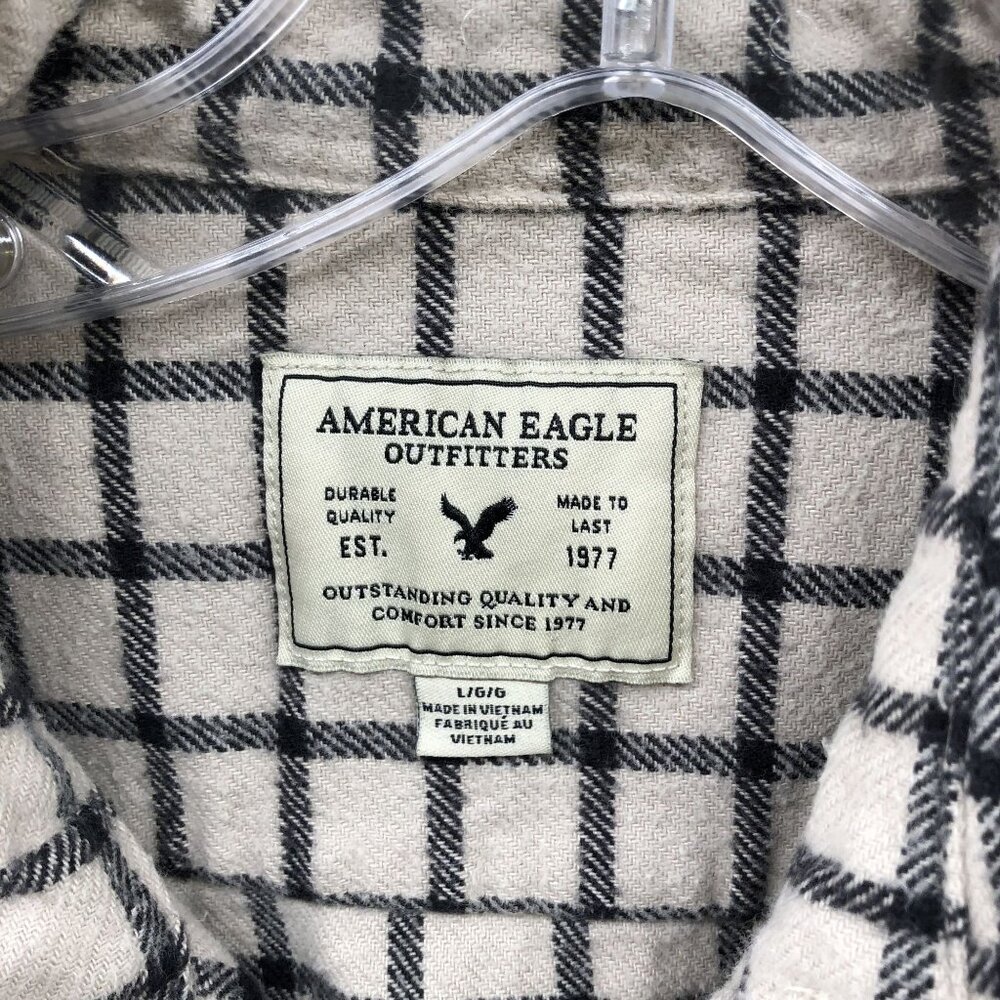American Eagle Flannel Shirt Mens Large L Cream Black Grid Plaid Thick Shacket - Picture 5 of 10